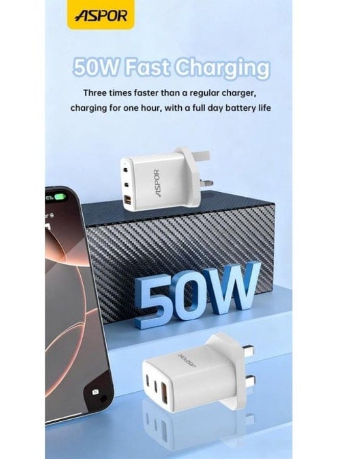 Aspor A857 50W High-Speed Charger with Dual USB + AC Port & LED Indicator - Image 2